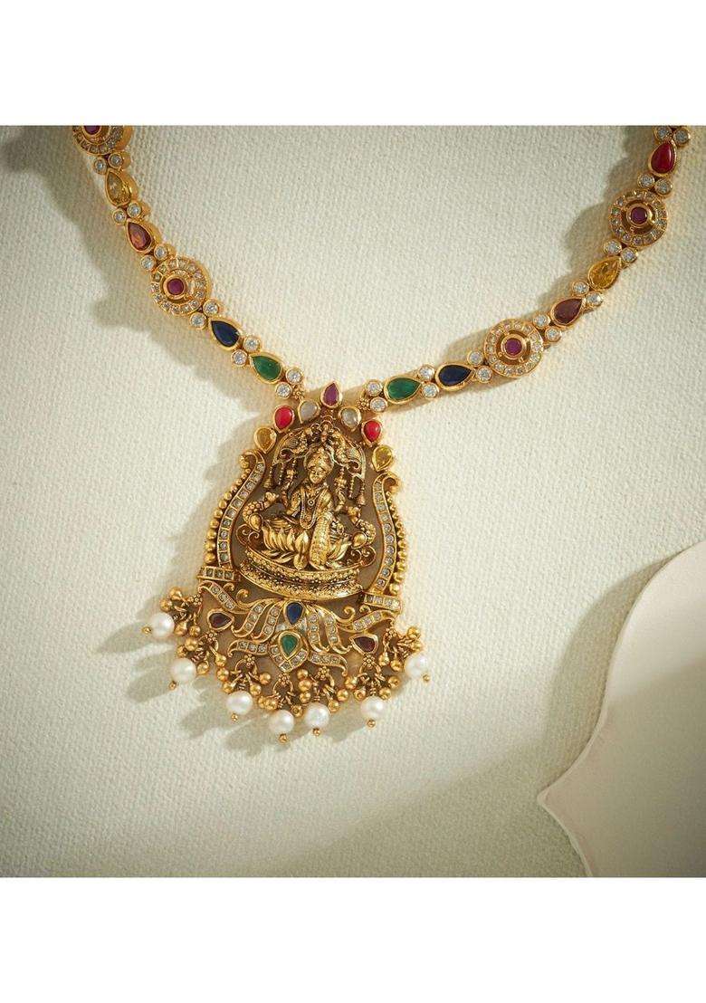 Sterling Silver Gold-Plated Temple Necklace with Pearl for Women | Traditional Temple Jewellery for Wedding & Festive Wear | Gift for Her - Indya