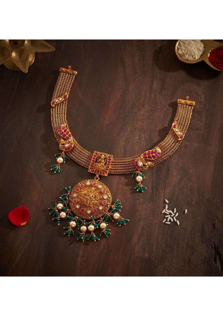Sterling Silver Gold-Plated Temple Necklace with Kundan for Women | Traditional Temple Jewellery for Wedding & Festive Wear | Gift for Her - Indya