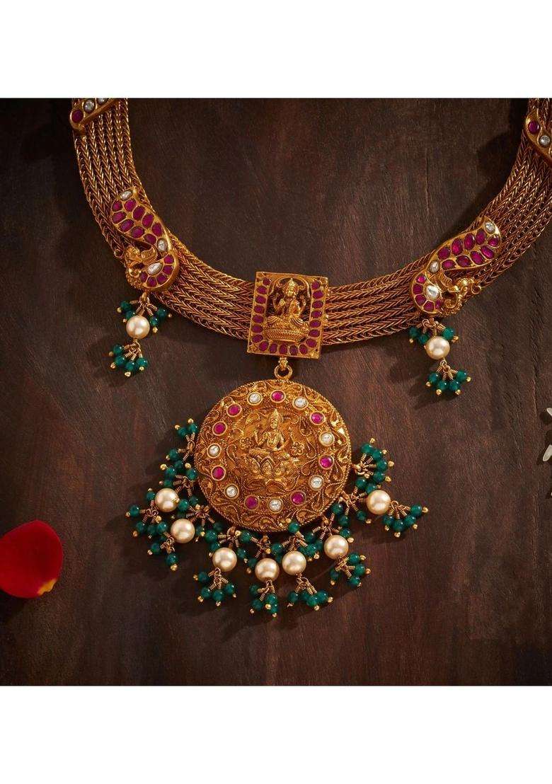 Sterling Silver Gold-Plated Temple Necklace with Kundan for Women | Traditional Temple Jewellery for Wedding & Festive Wear | Gift for Her - Indya