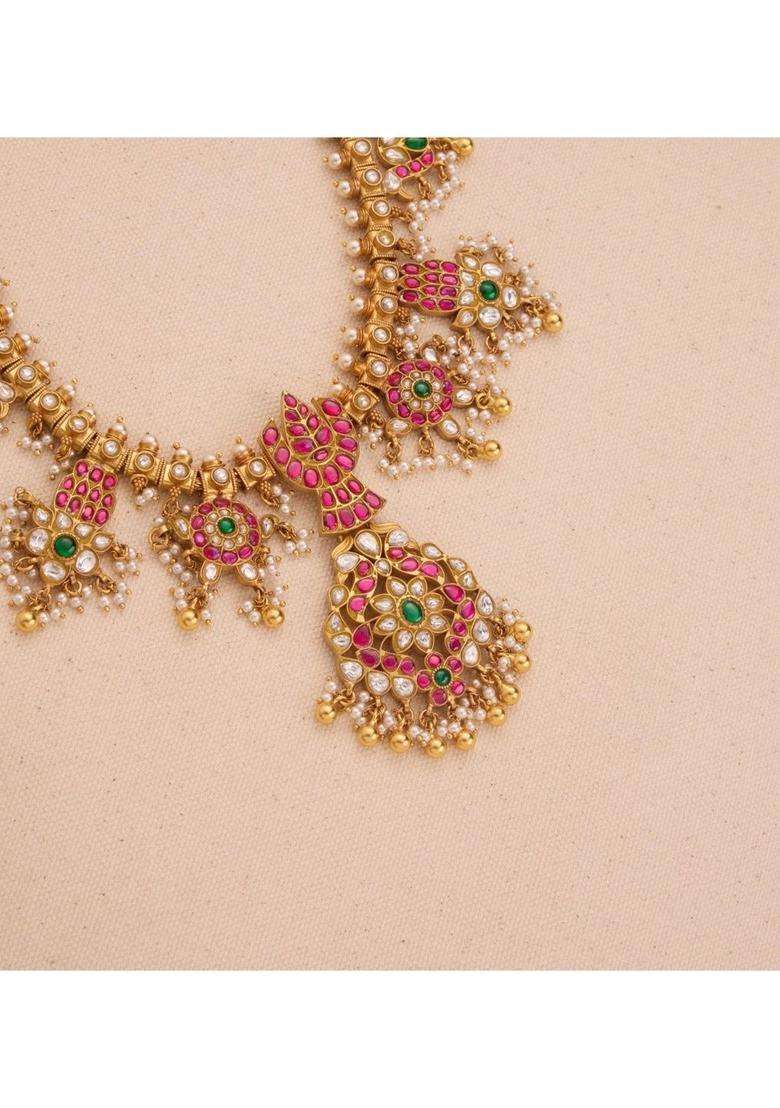 Sterling Silver Gold-Plated Temple Necklace with Kundan for Women | Traditional Temple Jewellery for Wedding & Festive Wear | Gift for Her - Indya