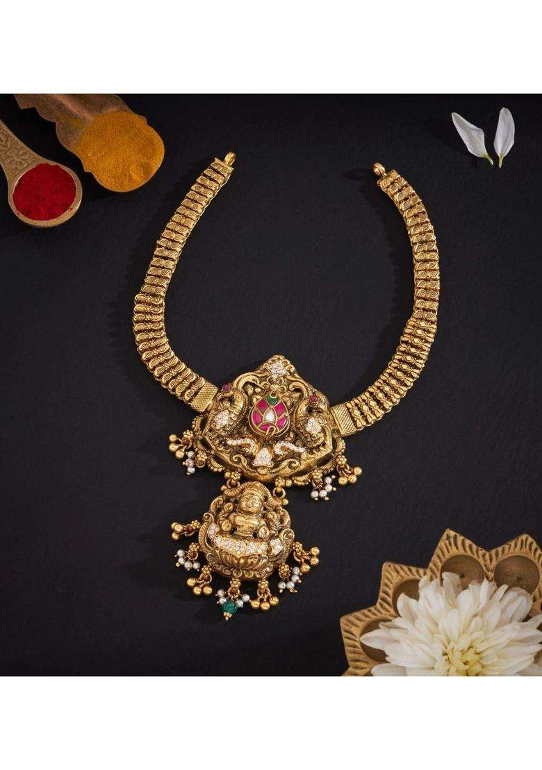 Sterling Silver Gold-Plated Temple Necklace with Kundan for Women | Traditional Temple Jewellery for Wedding & Festive Wear | Gift for Her - Indya