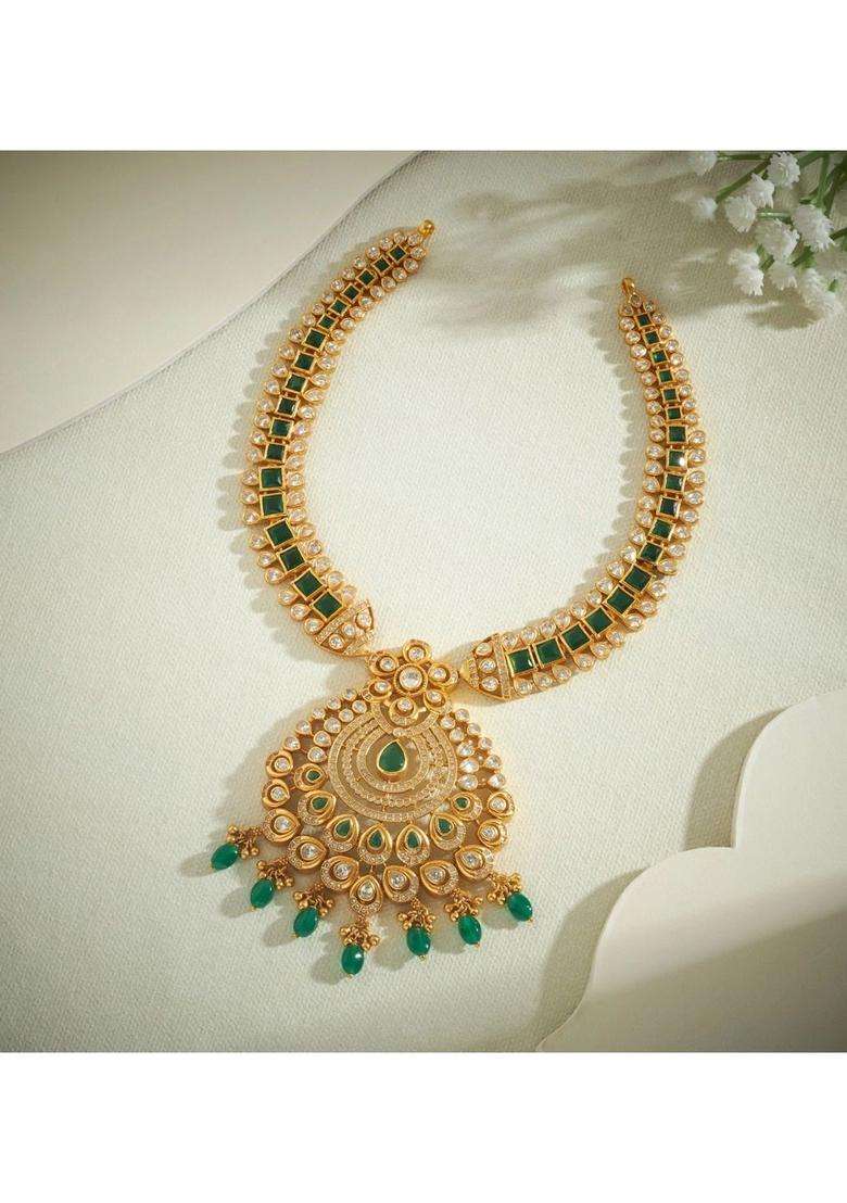 Sterling Silver Gold-Plated Antique Necklace with American Diamond for Women | Traditional Temple Jewellery for Wedding & Festive Wear | Gift for Her - Indya