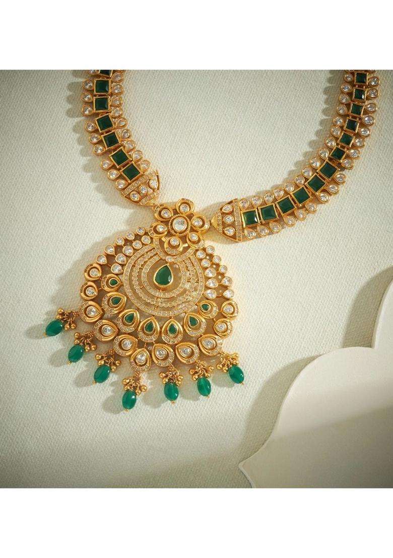 Sterling Silver Gold-Plated Antique Necklace with American Diamond for Women | Traditional Temple Jewellery for Wedding & Festive Wear | Gift for Her - Indya