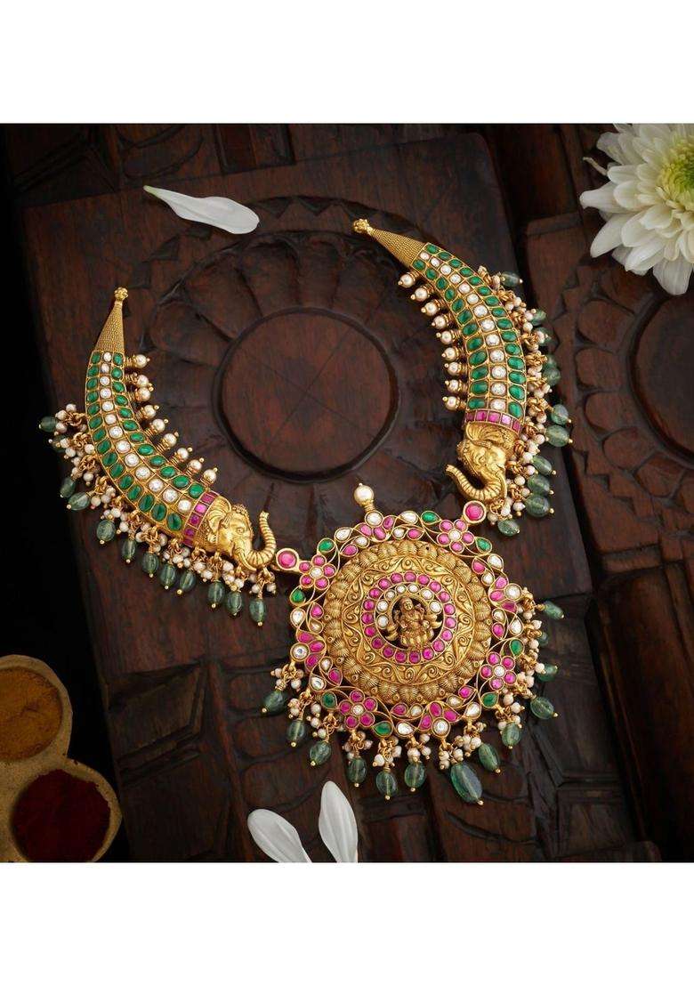 Sterling Silver Gold-Plated Temple Necklace with Kundan for Women | Traditional Temple Jewellery for Wedding & Festive Wear | Gift for Her - Indya
