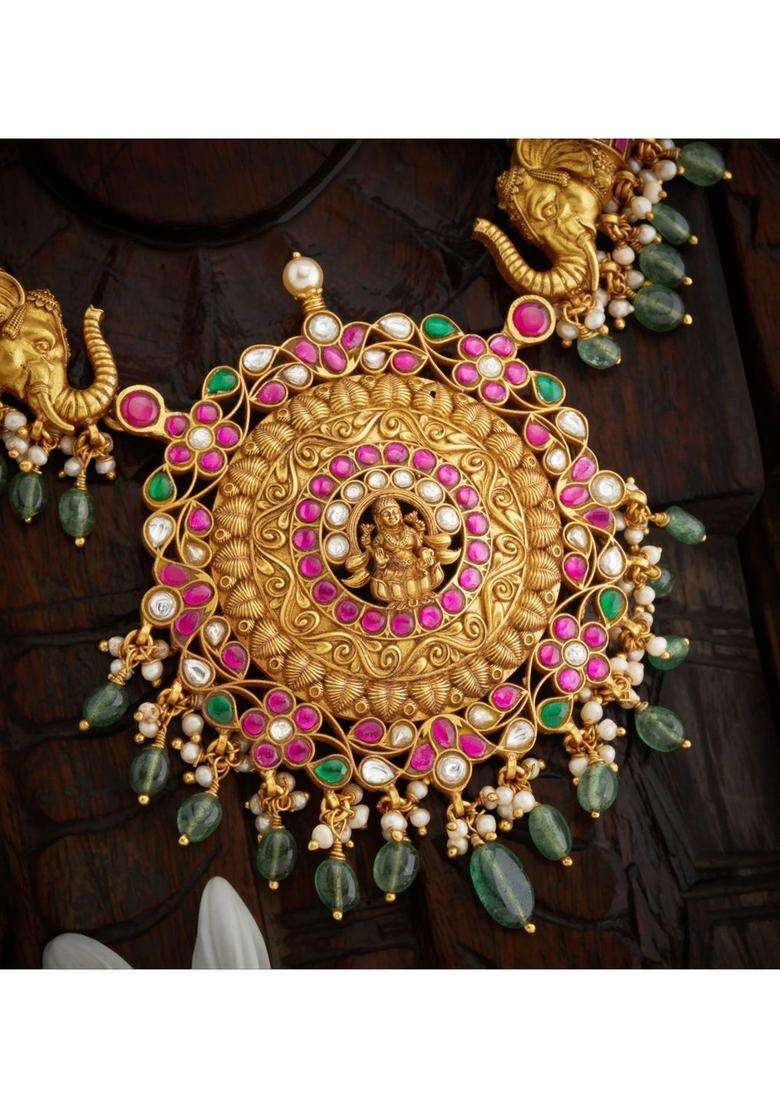 Sterling Silver Gold-Plated Temple Necklace with Kundan for Women | Traditional Temple Jewellery for Wedding & Festive Wear | Gift for Her - Indya