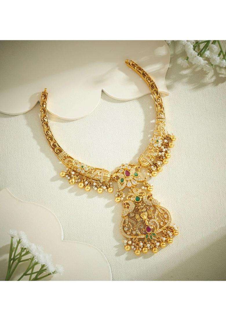 Sterling Silver Gold-Plated Temple Necklace with Pearl for Women | Traditional Temple Jewellery for Wedding & Festive Wear | Gift for Her - Indya