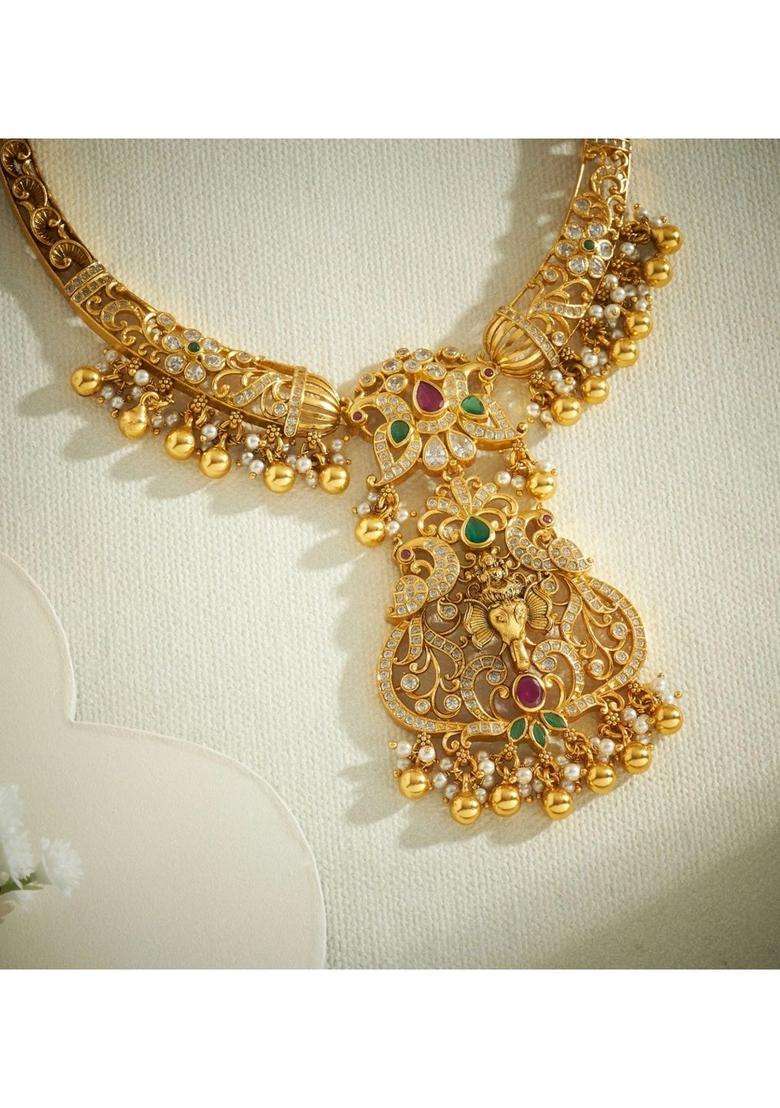 Sterling Silver Gold-Plated Temple Necklace with Pearl for Women | Traditional Temple Jewellery for Wedding & Festive Wear | Gift for Her - Indya