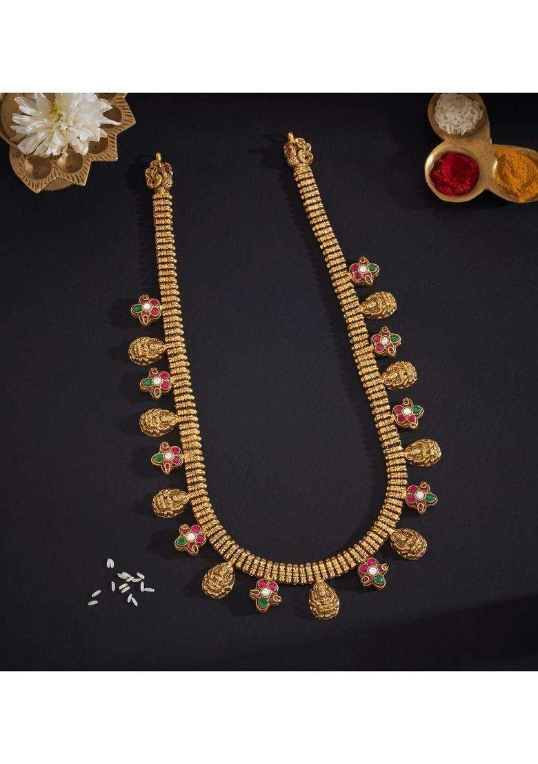 Sterling Silver Gold-Plated Temple Necklace with Kundan for Women | Traditional Temple Jewellery for Wedding & Festive Wear | Gift for Her - Indya
