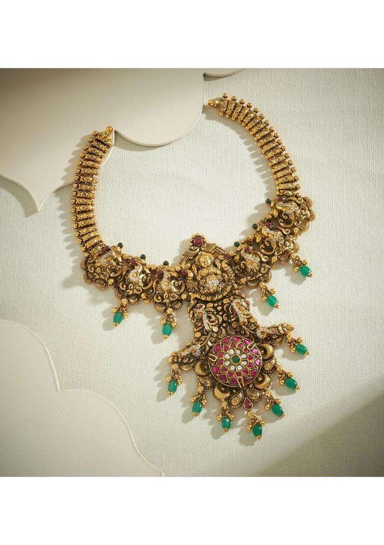 Sterling Silver Gold-Plated Temple Necklace with Kundan for Women | Traditional Temple Jewellery for Wedding & Festive Wear | Gift for Her - Indya