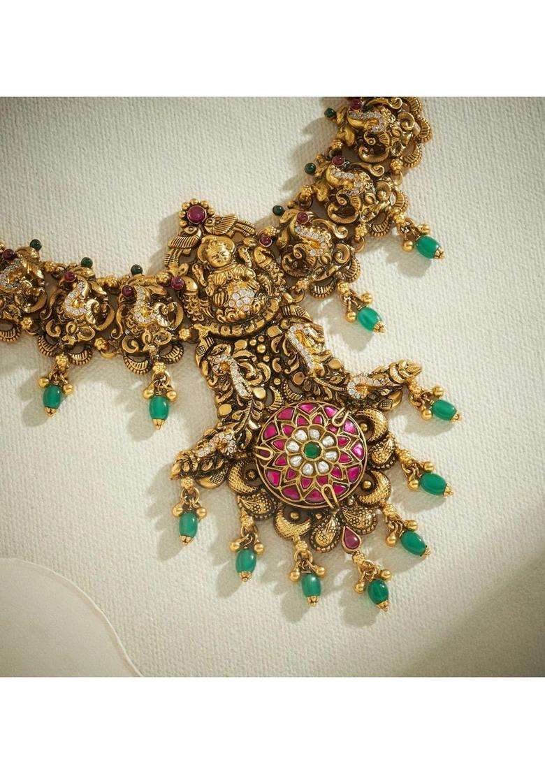 Sterling Silver Gold-Plated Temple Necklace with Kundan for Women | Traditional Temple Jewellery for Wedding & Festive Wear | Gift for Her - Indya