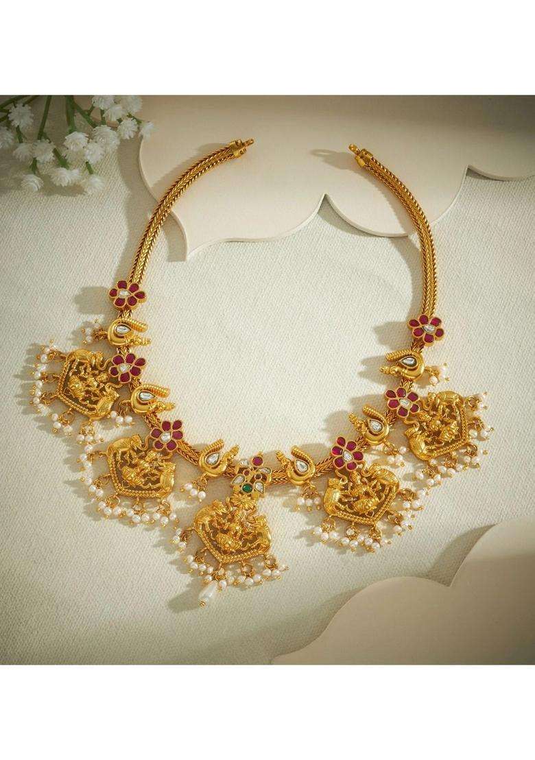 Sterling Silver Gold-Plated Temple Necklace with Kundan for Women | Traditional Temple Jewellery for Wedding & Festive Wear | Gift for Her - Indya