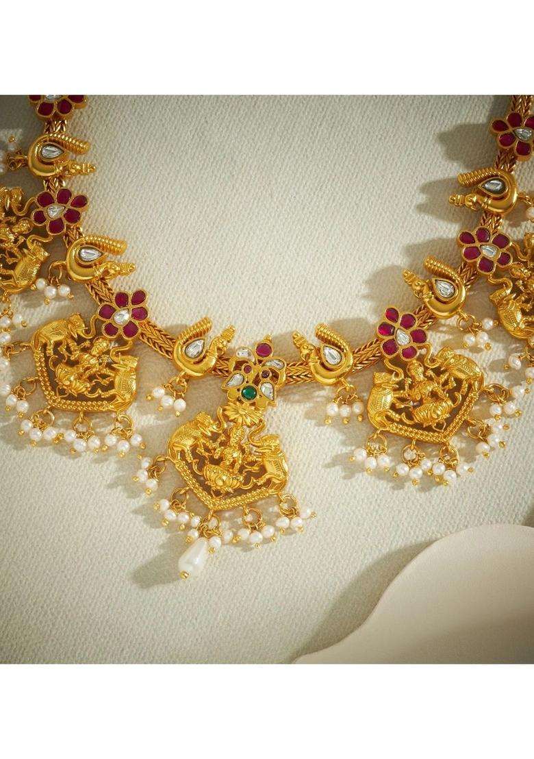 Sterling Silver Gold-Plated Temple Necklace with Kundan for Women | Traditional Temple Jewellery for Wedding & Festive Wear | Gift for Her - Indya