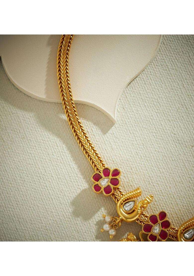 Sterling Silver Gold-Plated Temple Necklace with Kundan for Women | Traditional Temple Jewellery for Wedding & Festive Wear | Gift for Her - Indya