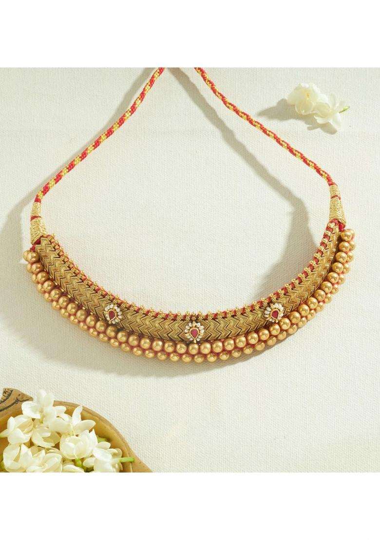 Sterling Silver Gold-Plated Antique Necklace with Pearl for Women | Traditional Temple Jewellery for Wedding & Festive Wear | Gift for Her - Indya