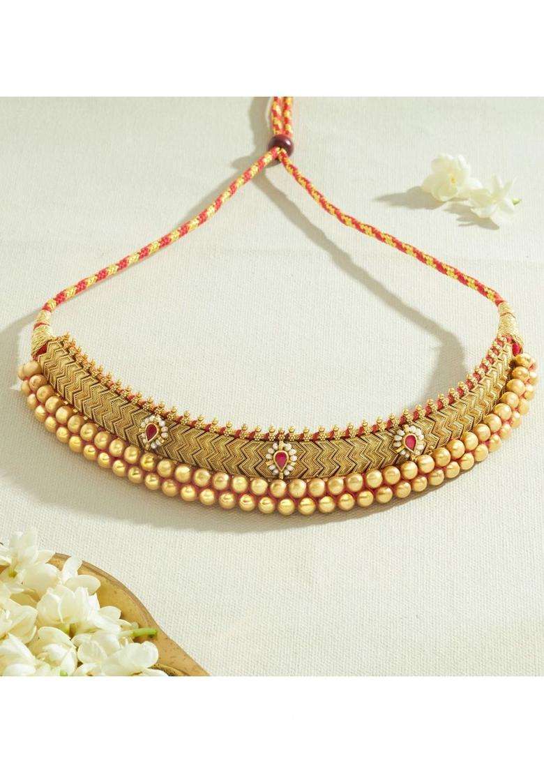 Sterling Silver Gold-Plated Antique Necklace with Pearl for Women | Traditional Temple Jewellery for Wedding & Festive Wear | Gift for Her - Indya