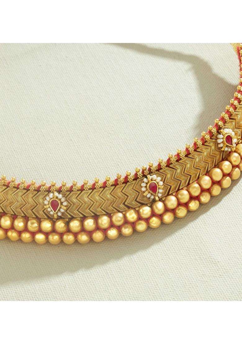 Sterling Silver Gold-Plated Antique Necklace with Pearl for Women | Traditional Temple Jewellery for Wedding & Festive Wear | Gift for Her - Indya