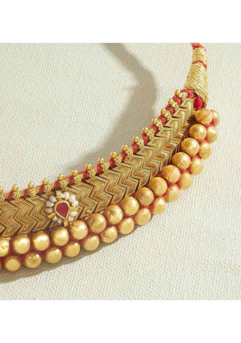 Sterling Silver Gold-Plated Antique Necklace with Pearl for Women | Traditional Temple Jewellery for Wedding & Festive Wear | Gift for Her - Indya