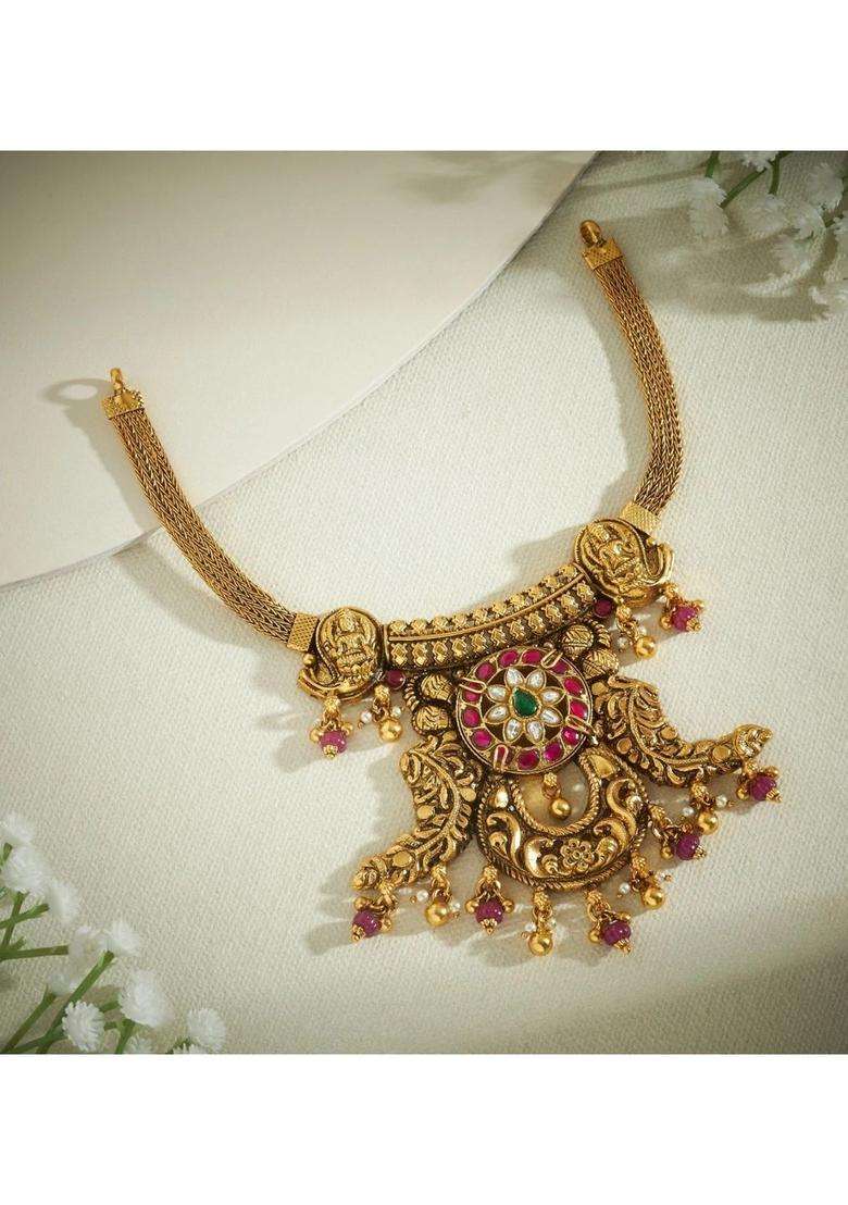 Sterling Silver Gold-Plated Temple Necklace with Kundan for Women | Traditional Temple Jewellery for Wedding & Festive Wear | Gift for Her - Indya