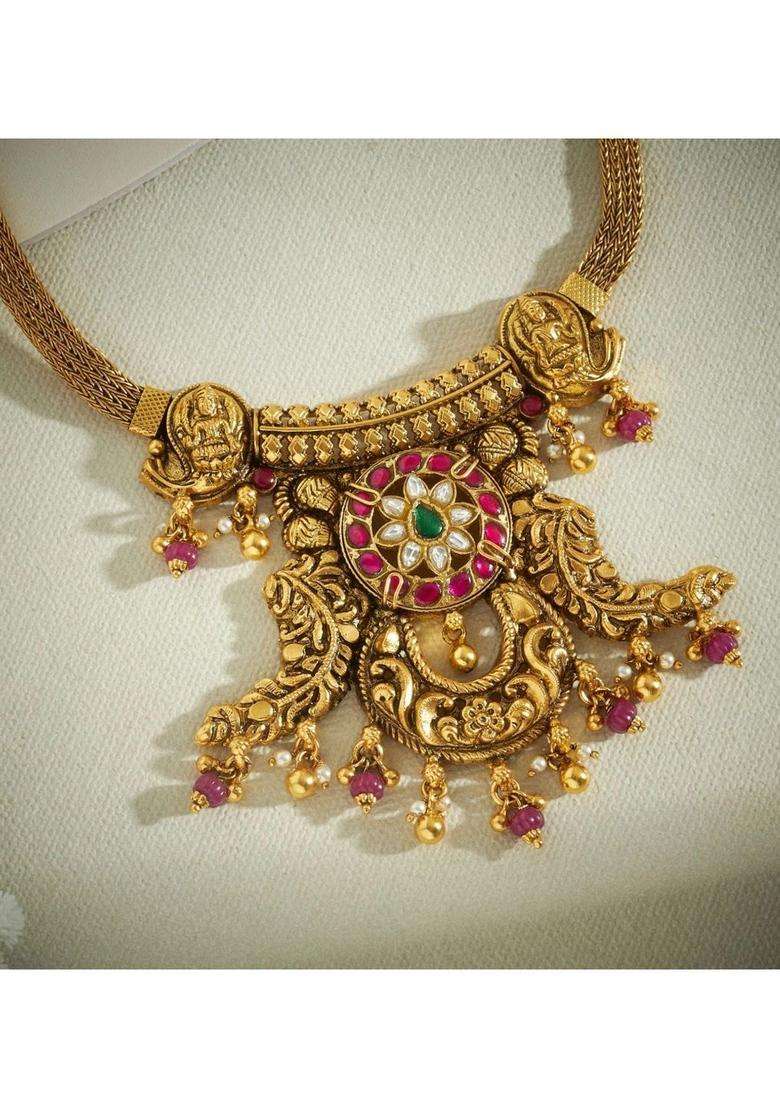 Sterling Silver Gold-Plated Temple Necklace with Kundan for Women | Traditional Temple Jewellery for Wedding & Festive Wear | Gift for Her - Indya