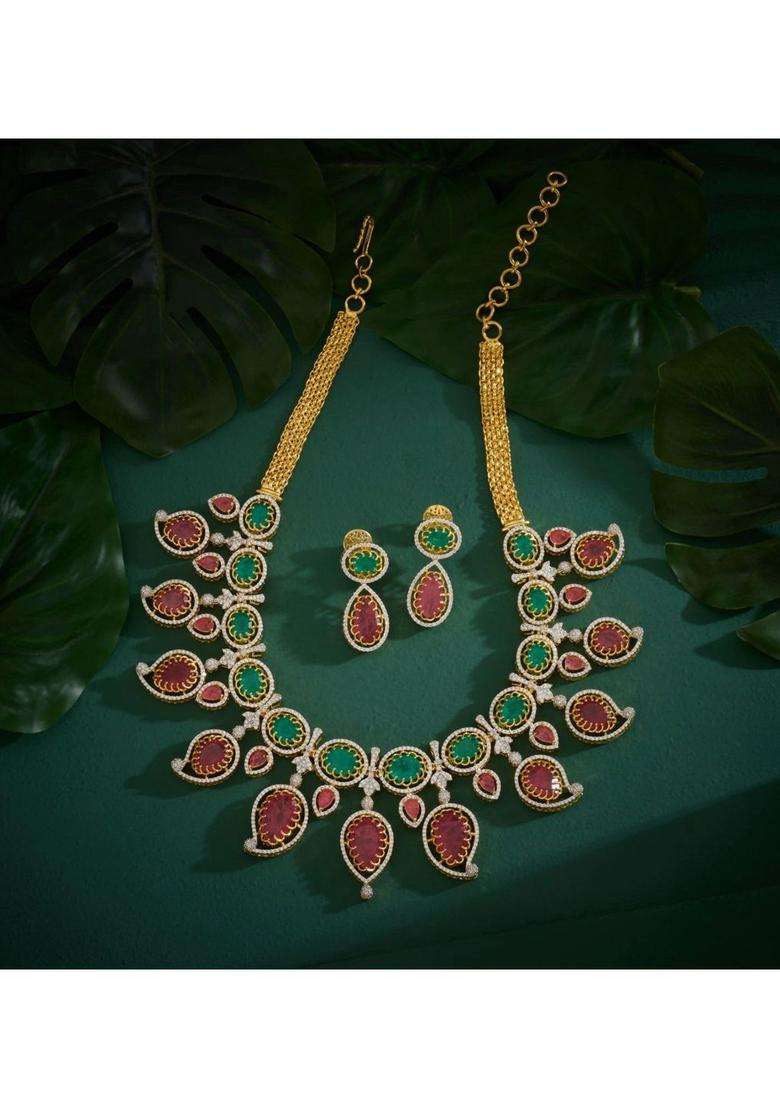 Sterling Silver Gold-Plated Temple Necklace with CZ Stone for Women | Traditional Temple Jewellery for Wedding & Festive Wear | Gift for Her - Indya