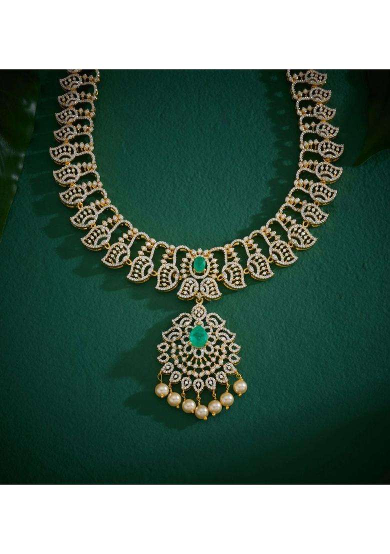 Sterling Silver Gold-Plated Temple Necklace with CZ Stone for Women | Traditional Temple Jewellery for Wedding & Festive Wear | Gift for Her - Indya