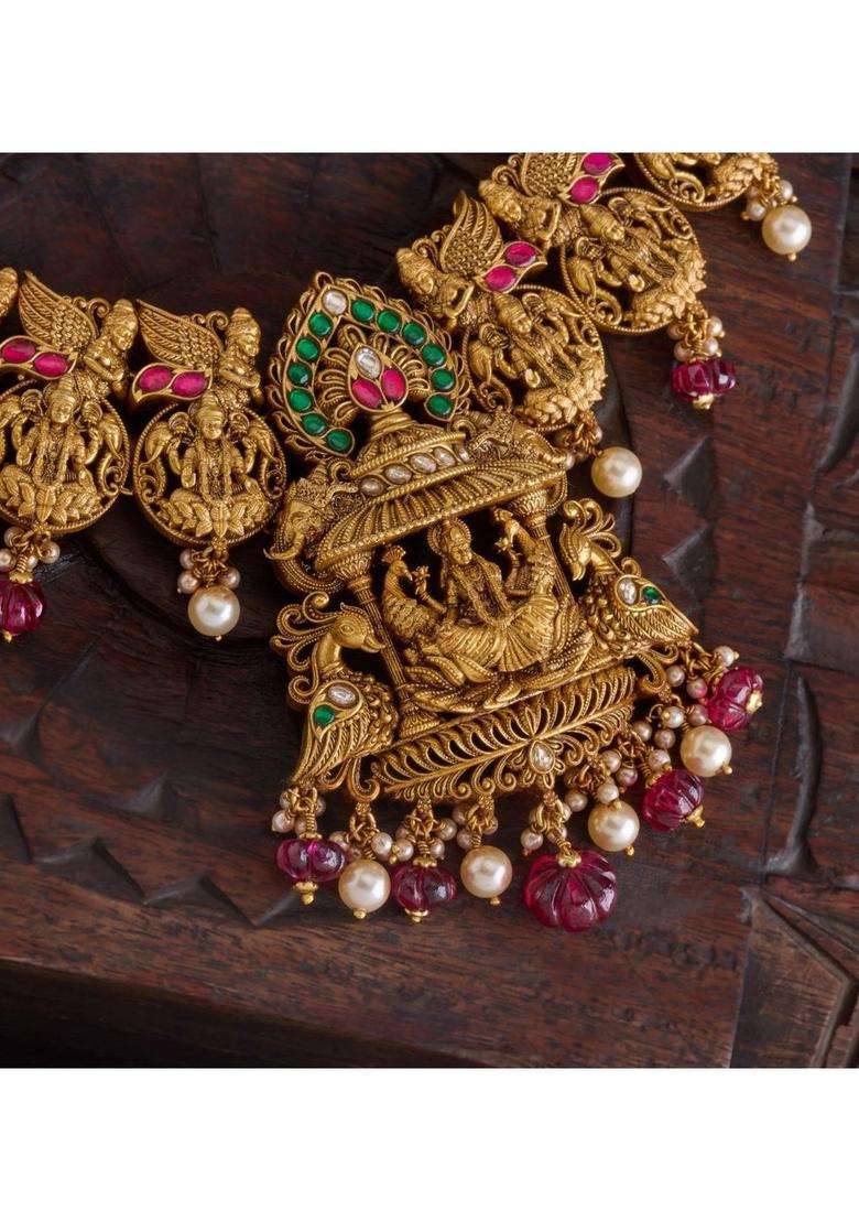 Sterling Silver Gold-Plated Temple Necklace with Kundan for Women | Traditional Temple Jewellery for Wedding & Festive Wear | Gift for Her - Indya