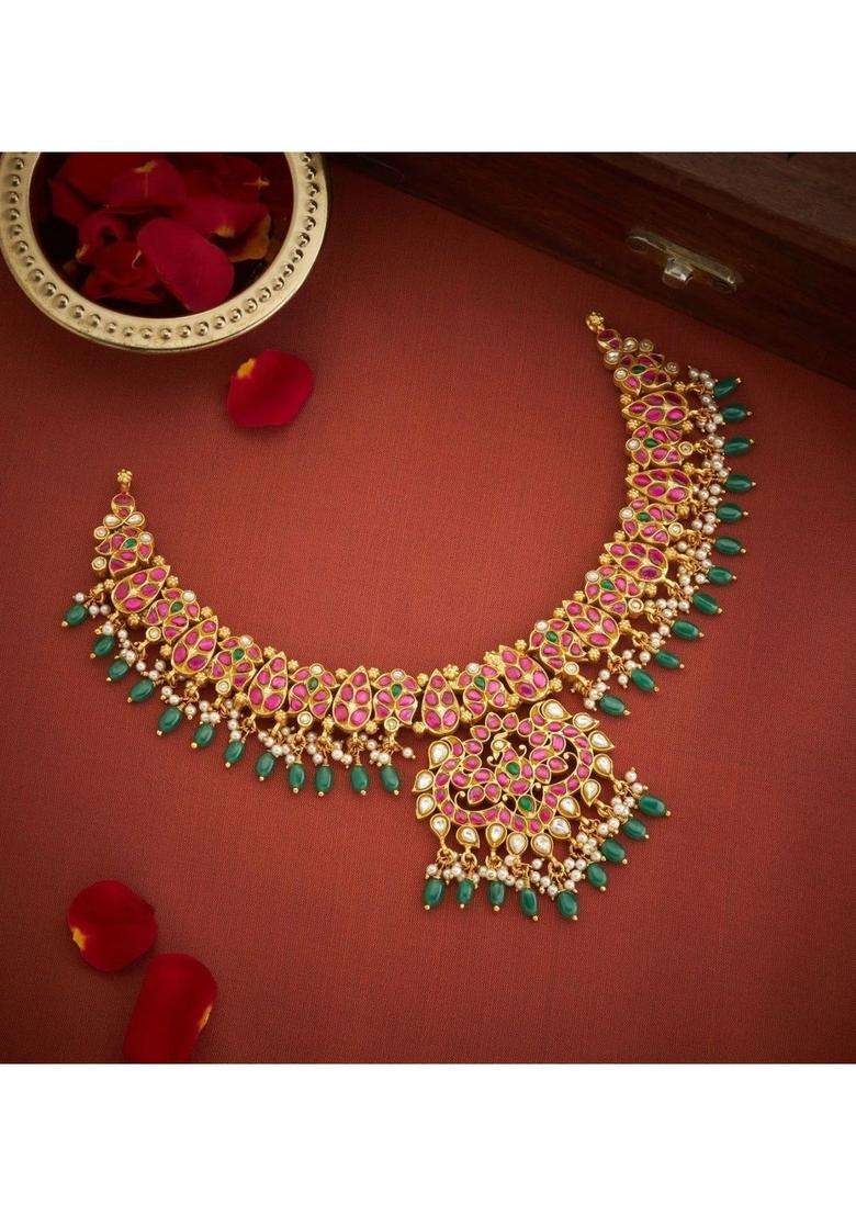 Sterling Silver Gold-Plated Temple Necklace with Kundan for Women | Traditional Temple Jewellery for Wedding & Festive Wear | Gift for Her - Indya