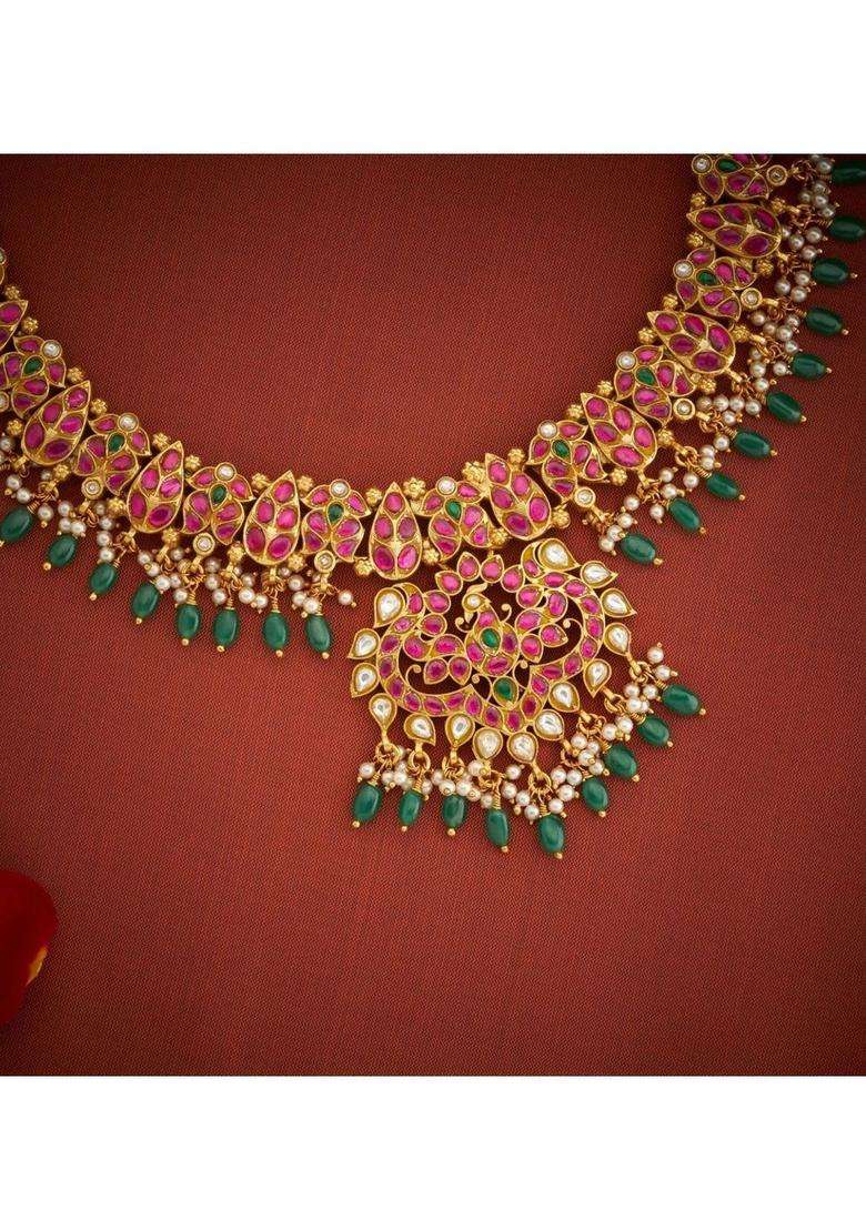 Sterling Silver Gold-Plated Temple Necklace with Kundan for Women | Traditional Temple Jewellery for Wedding & Festive Wear | Gift for Her - Indya