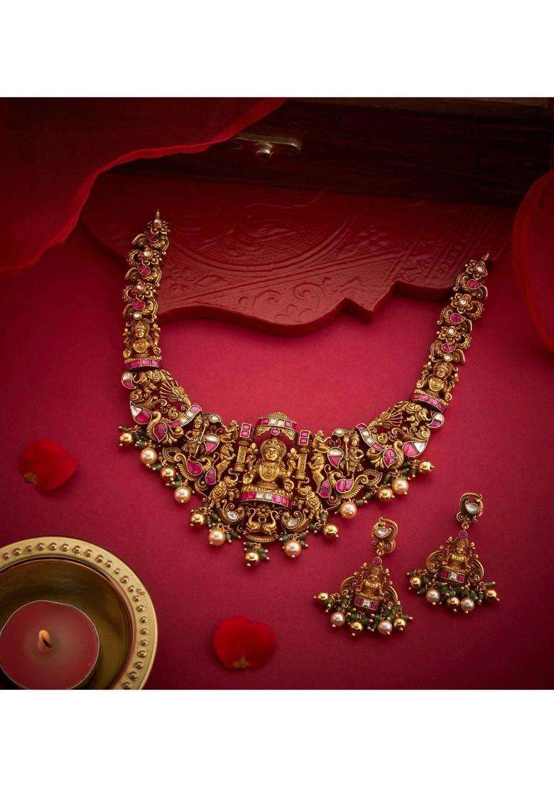 Sterling Silver Gold-Plated Temple Necklace with Kundan for Women | Traditional Temple Jewellery for Wedding & Festive Wear | Gift for Her - Indya