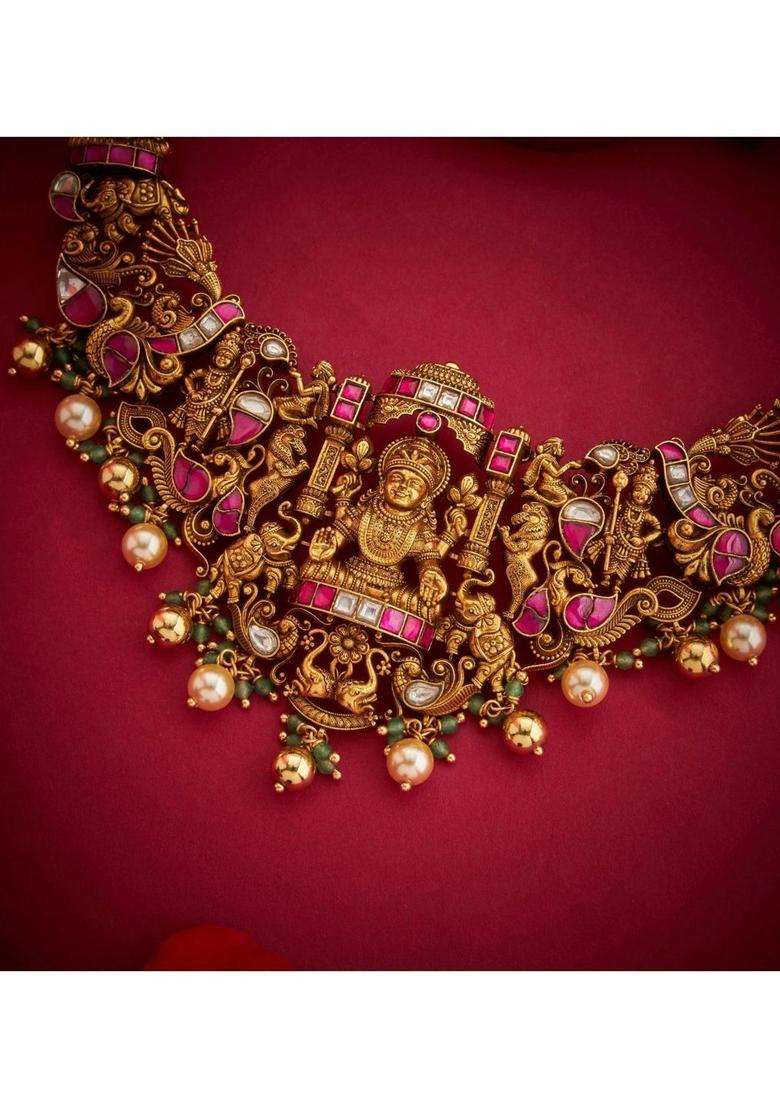Sterling Silver Gold-Plated Temple Necklace with Kundan for Women | Traditional Temple Jewellery for Wedding & Festive Wear | Gift for Her - Indya