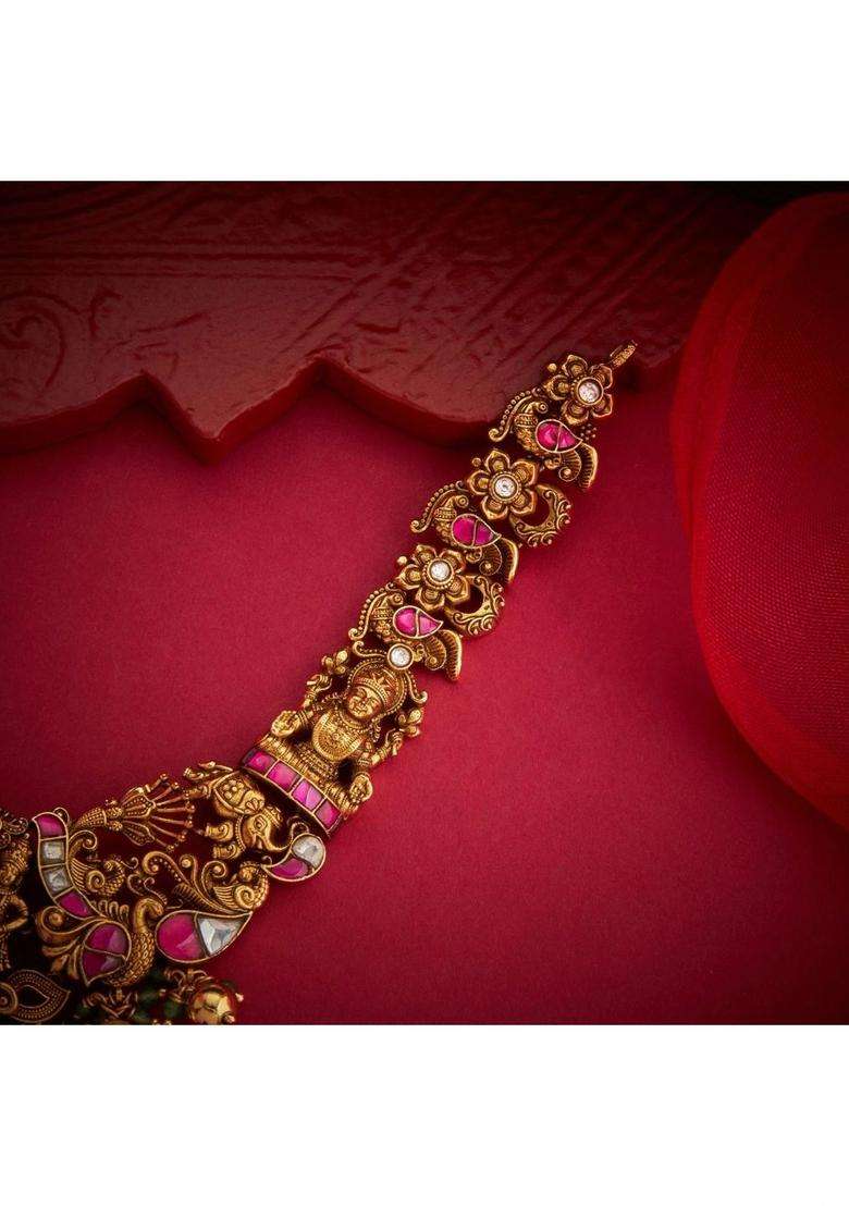 Sterling Silver Gold-Plated Temple Necklace with Kundan for Women | Traditional Temple Jewellery for Wedding & Festive Wear | Gift for Her - Indya