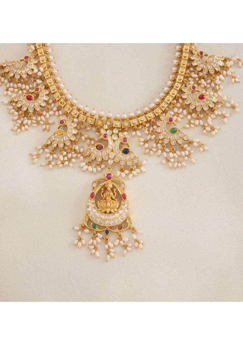Sterling Silver Gold-Plated Temple Necklace with Kundan for Women | Traditional Temple Jewellery for Wedding & Festive Wear | Gift for Her - Indya