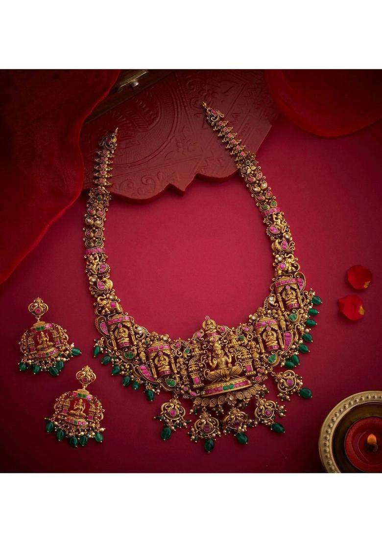 Sterling Silver Gold-Plated Temple Necklace with Kundan for Women | Traditional Temple Jewellery for Wedding & Festive Wear | Gift for Her - Indya