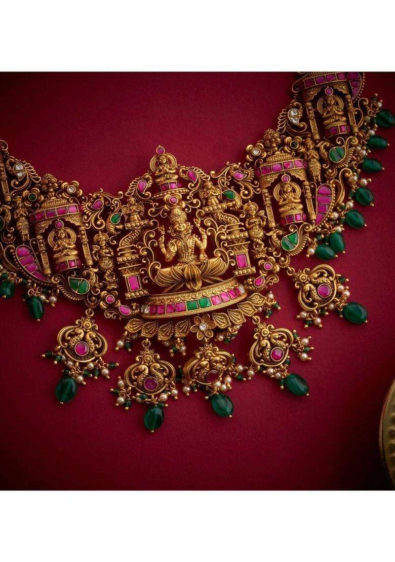 Sterling Silver Gold-Plated Temple Necklace with Kundan for Women | Traditional Temple Jewellery for Wedding & Festive Wear | Gift for Her - Indya