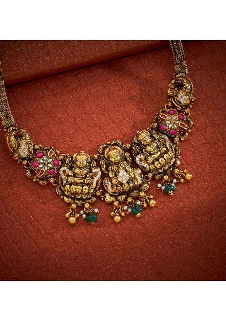 Sterling Silver Gold-Plated Temple Necklace with Kundan for Women | Traditional Temple Jewellery for Wedding & Festive Wear | Gift for Her - Indya
