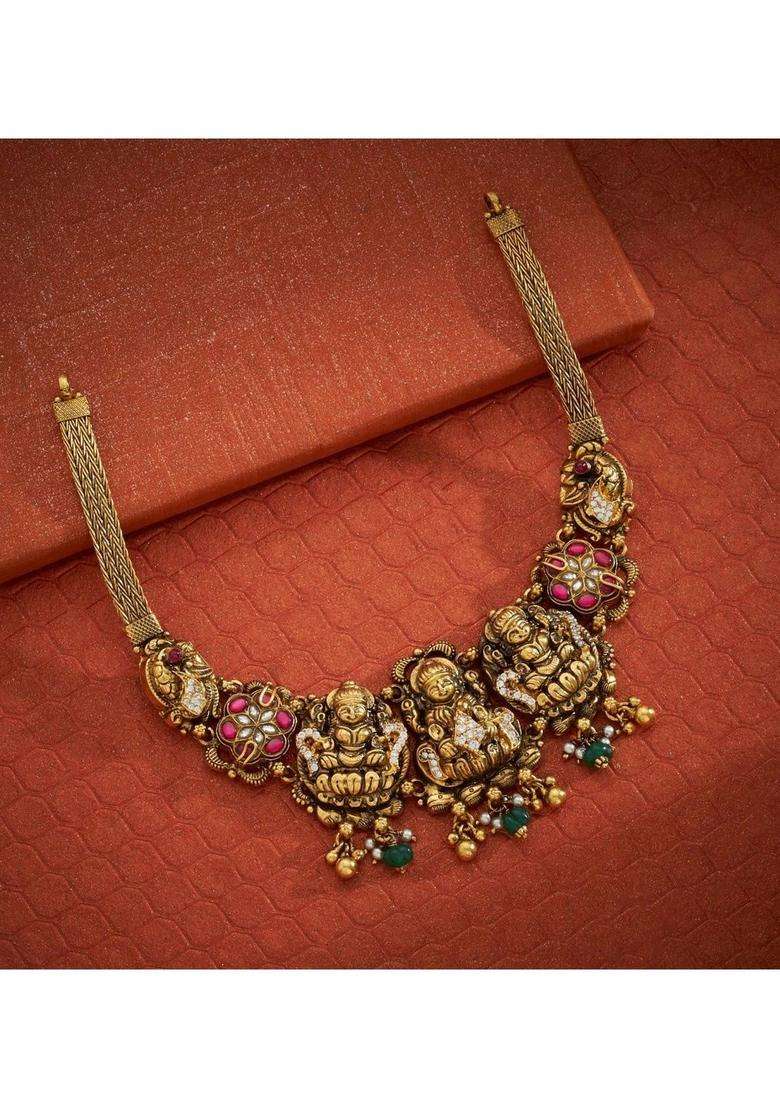 Sterling Silver Gold-Plated Temple Necklace with Kundan for Women | Traditional Temple Jewellery for Wedding & Festive Wear | Gift for Her - Indya