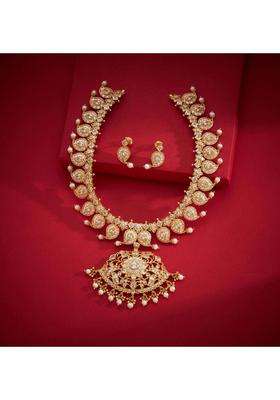 Sterling Silver Gold-Plated Temple Necklace with CZ Stone for Women | Traditional Temple Jewellery for Wedding & Festive Wear | Gift for Her