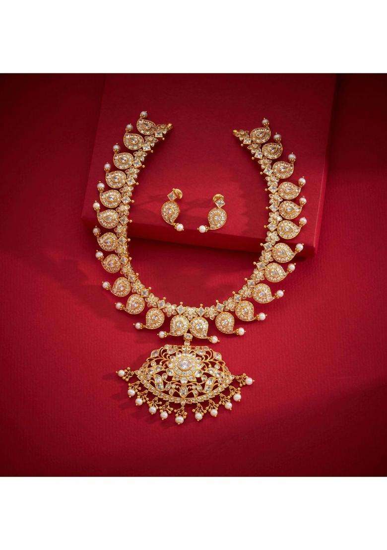 Sterling Silver Gold-Plated Temple Necklace with CZ Stone for Women | Traditional Temple Jewellery for Wedding & Festive Wear | Gift for Her - Indya