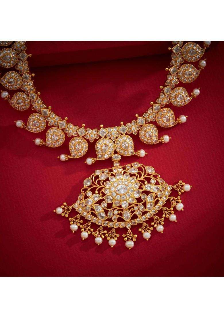 Sterling Silver Gold-Plated Temple Necklace with CZ Stone for Women | Traditional Temple Jewellery for Wedding & Festive Wear | Gift for Her - Indya