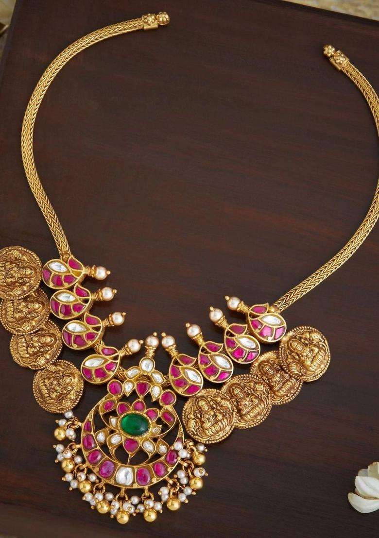 Sterling Silver Gold-Plated Temple Necklace with Kundan for Women | Traditional Temple Jewellery for Wedding & Festive Wear | Gift for Her - Indya
