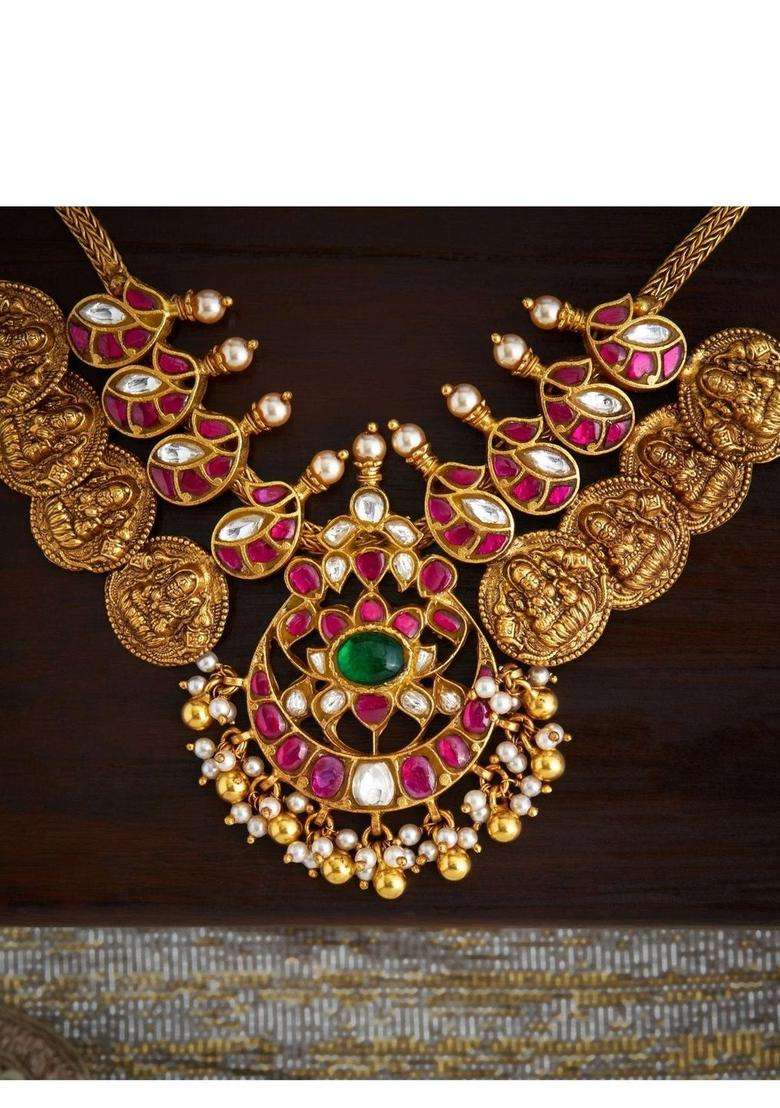 Sterling Silver Gold-Plated Temple Necklace with Kundan for Women | Traditional Temple Jewellery for Wedding & Festive Wear | Gift for Her - Indya