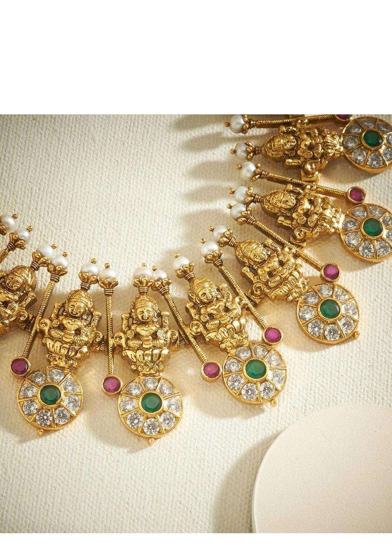 Sterling Silver Gold-Plated Temple Necklace with Pearl for Women | Traditional Temple Jewellery for Wedding & Festive Wear | Gift for Her - Indya