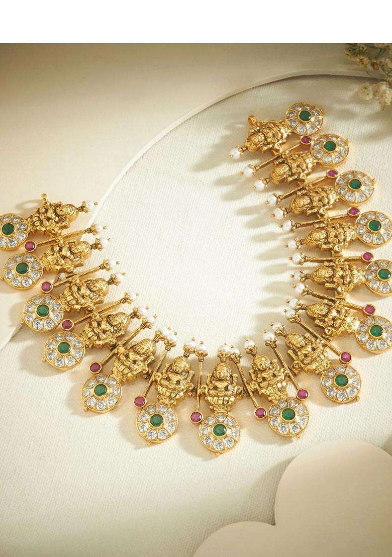 Sterling Silver Gold-Plated Temple Necklace with Pearl for Women | Traditional Temple Jewellery for Wedding & Festive Wear | Gift for Her - Indya