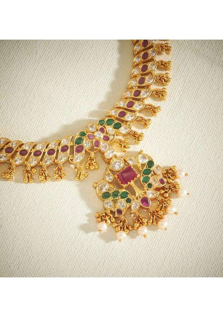 Sterling Silver Gold-Plated Temple Necklace with Pearl for Women | Traditional Temple Jewellery for Wedding & Festive Wear | Gift for Her - Indya