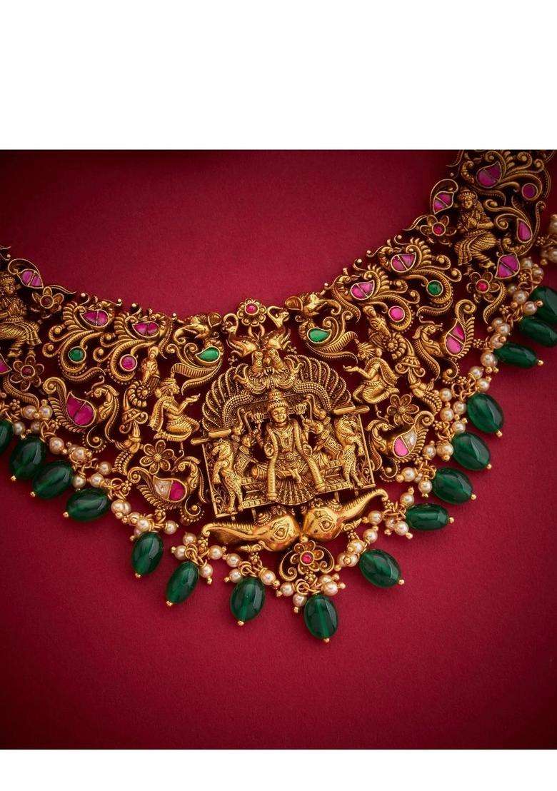 Sterling Silver Gold-Plated Temple Necklace with Kundan for Women | Traditional Temple Jewellery for Wedding & Festive Wear | Gift for Her - Indya