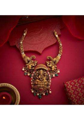 Sterling Silver Gold-Plated Temple Necklace with Kundan for Women | Traditional Temple Jewellery for Wedding & Festive Wear | Gift for Her