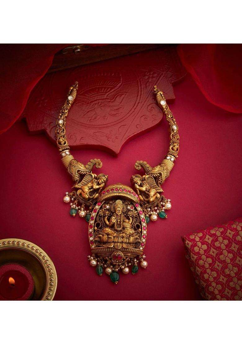 Sterling Silver Gold-Plated Temple Necklace with Kundan for Women | Traditional Temple Jewellery for Wedding & Festive Wear | Gift for Her - Indya