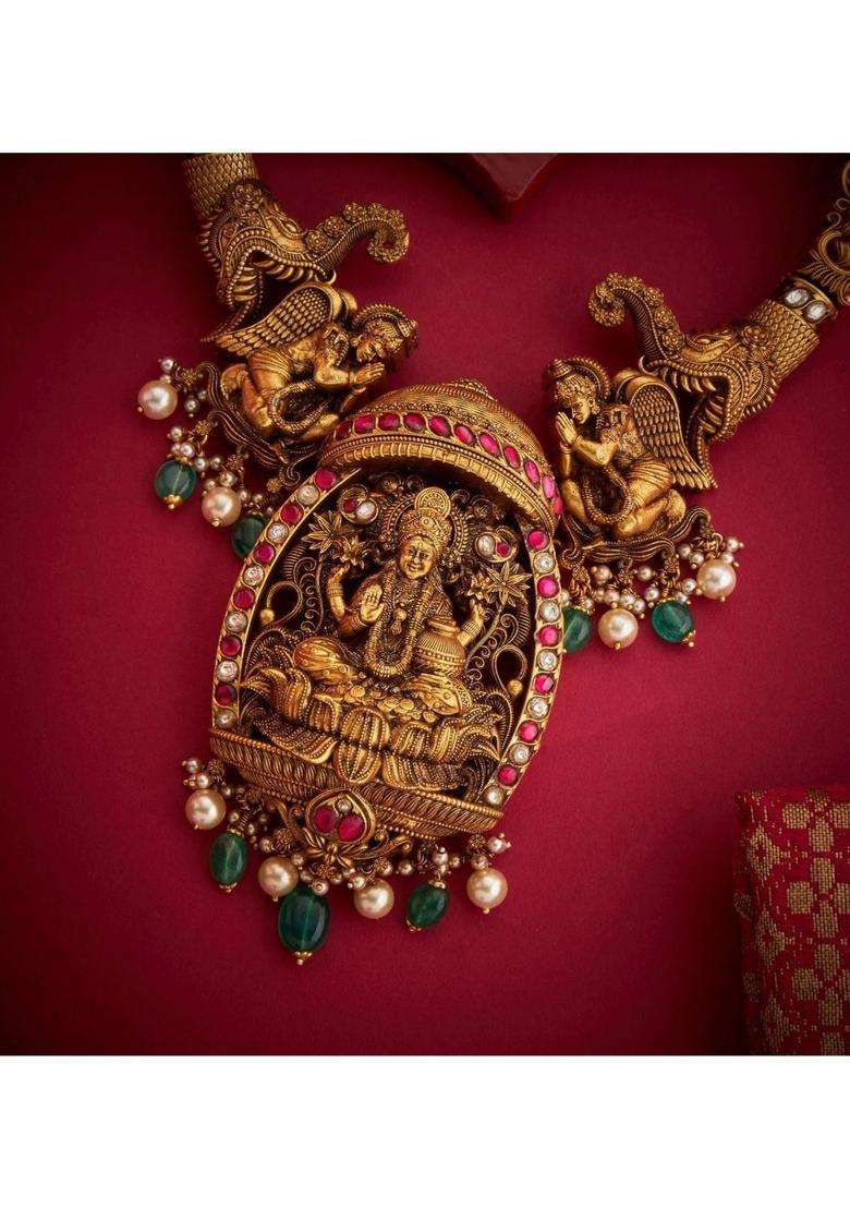 Sterling Silver Gold-Plated Temple Necklace with Kundan for Women | Traditional Temple Jewellery for Wedding & Festive Wear | Gift for Her - Indya
