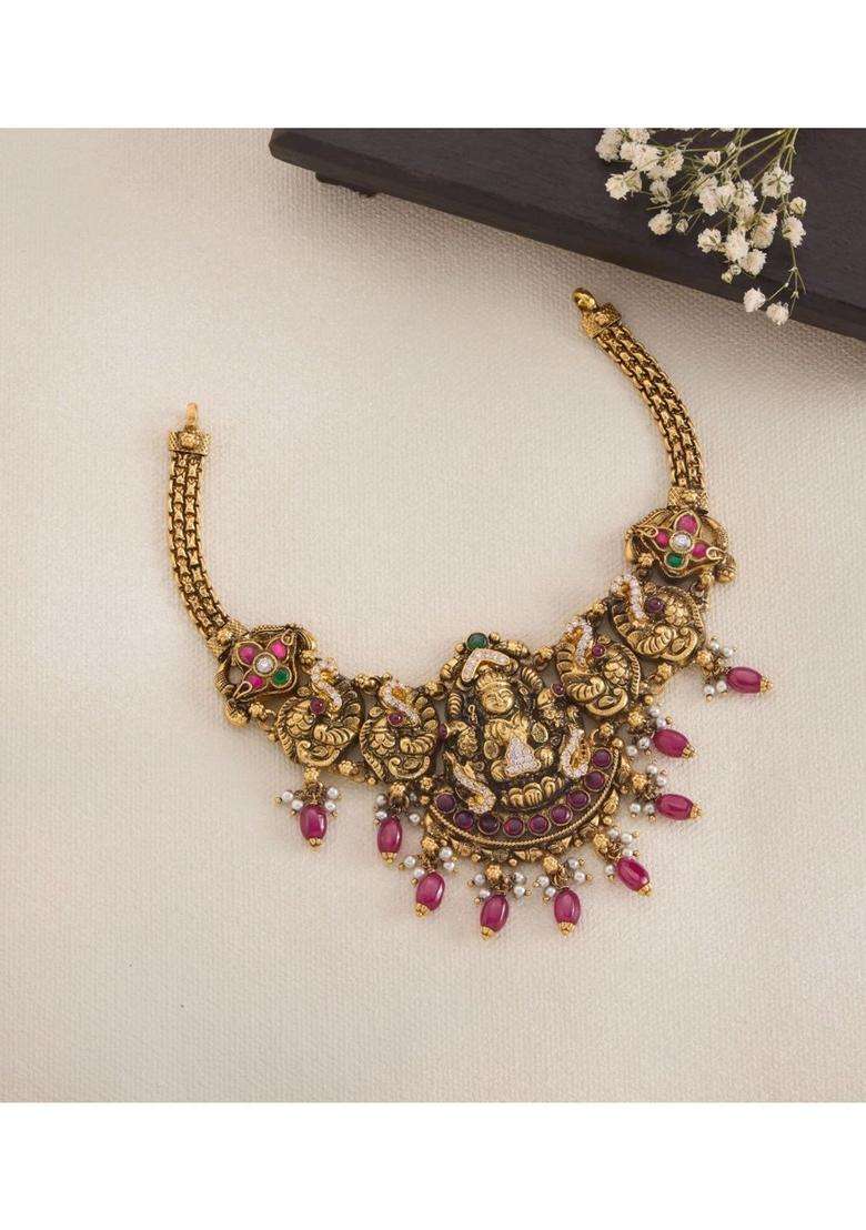Sterling Silver Gold-Plated Temple Necklace with Pearl for Women | Traditional Temple Jewellery for Wedding & Festive Wear | Gift for Her - Indya