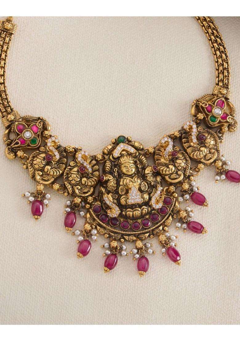 Sterling Silver Gold-Plated Temple Necklace with Pearl for Women | Traditional Temple Jewellery for Wedding & Festive Wear | Gift for Her - Indya